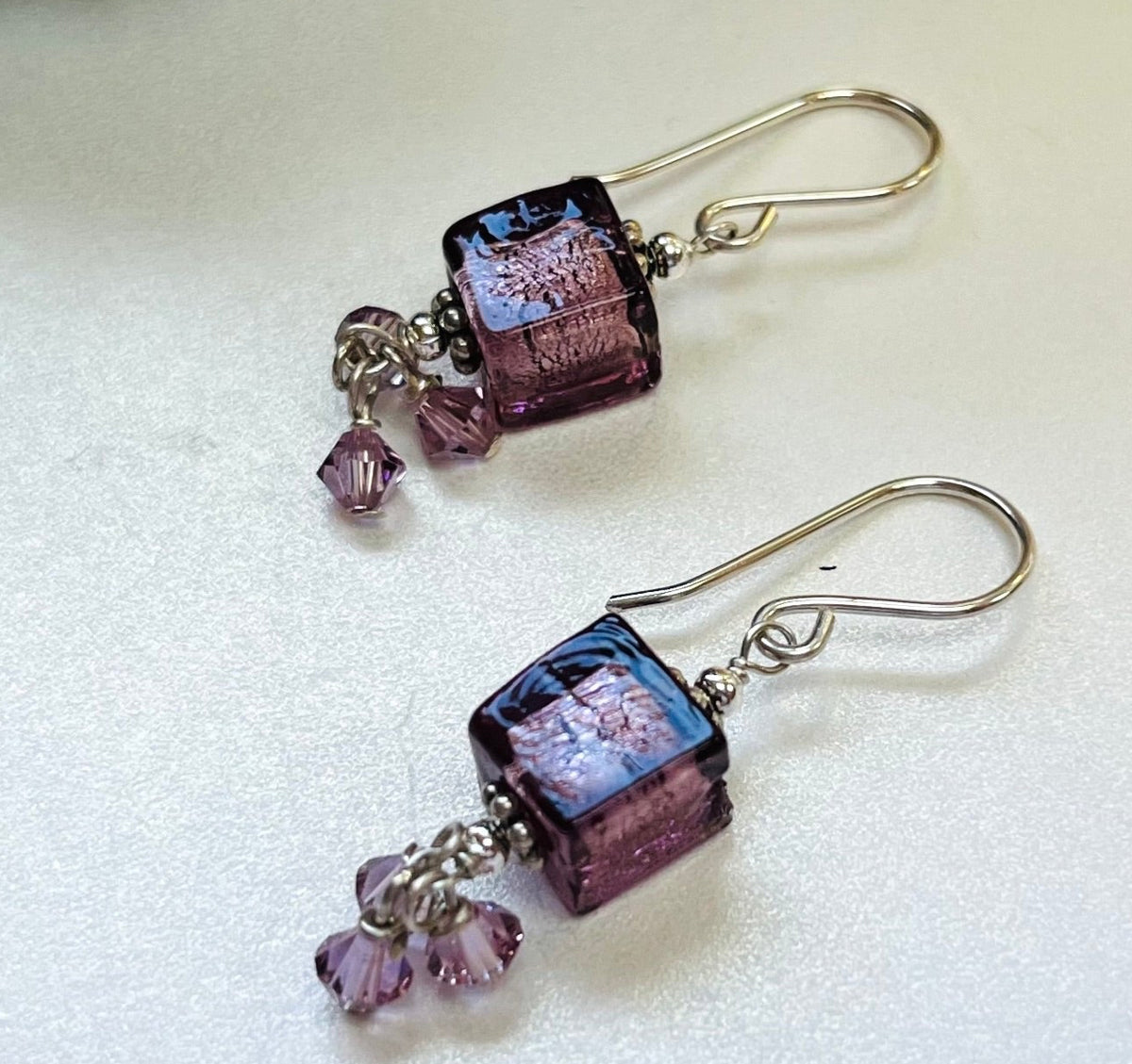 Murano Glass Cube Lavender Earrings in Sterling Silver