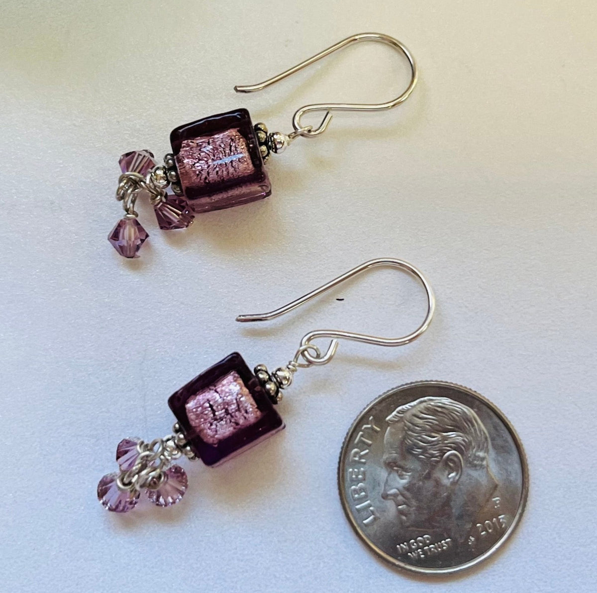 Murano Glass Cube Lavender Earrings in Sterling Silver