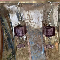 Murano Glass Cube Lavender Earrings in Sterling Silver