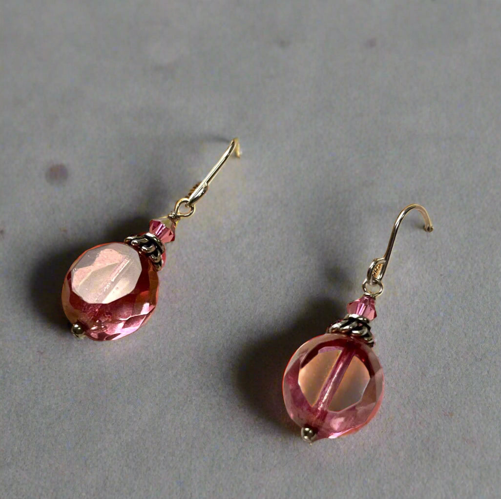 Czech Glass Pink Duel Faceted Round Drop Earrings in Sterling Silver