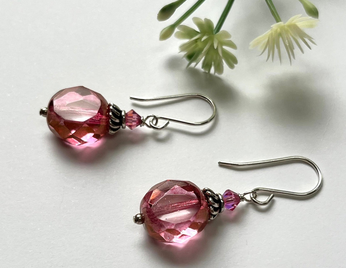 Czech Glass Pink Duel Faceted Round Drop Earrings in Sterling Silver