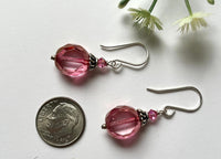 Czech Glass Pink Duel Faceted Round Drop Earrings in Sterling Silver