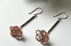 Czech Glass Light Pink Flower Drop Earrings in Sterling Silver