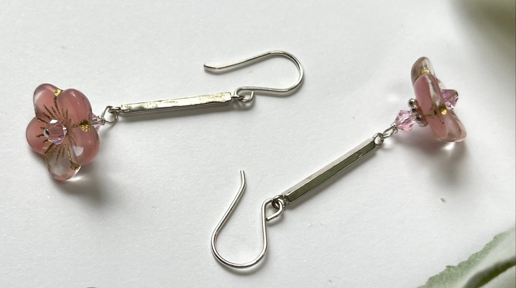 Czech Glass Light Pink Flower Drop Earrings in Sterling Silver