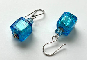 Murano Glass Bright Blue Cube Earrings in Sterling Silver