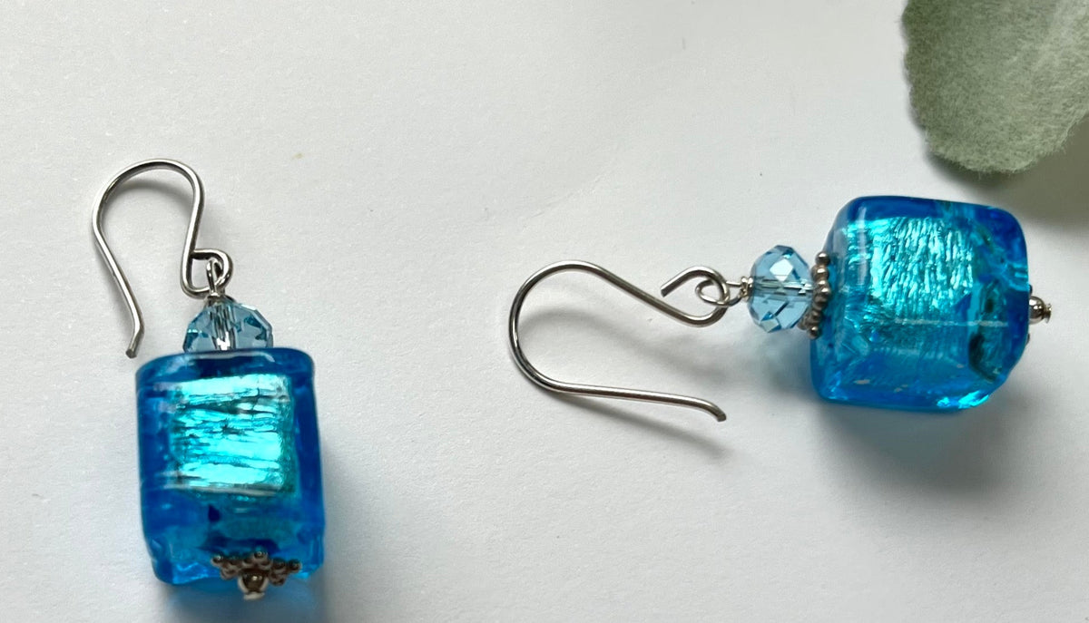 Murano Glass Bright Blue Cube Earrings in Sterling Silver