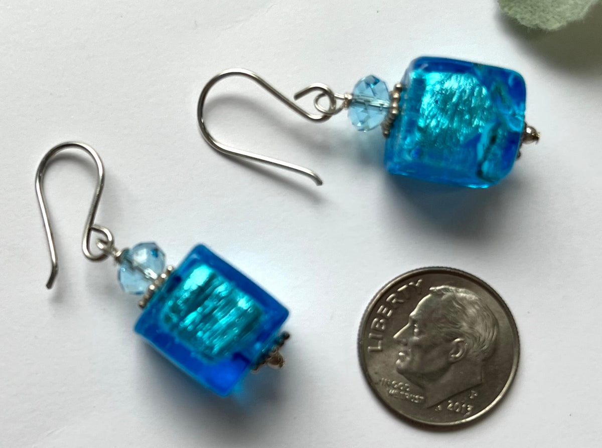 Murano Glass Bright Blue Cube Earrings in Sterling Silver