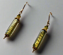 Load image into Gallery viewer, Czech Long Green Glass with Gold Foil Earrings in 14K Gold Fill
