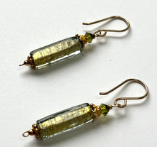 Load image into Gallery viewer, Czech Long Green Glass with Gold Foil Earrings in 14K Gold Fill
