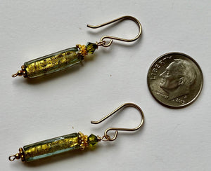 Czech Long Green Glass with Gold Foil Earrings in 14K Gold Fill