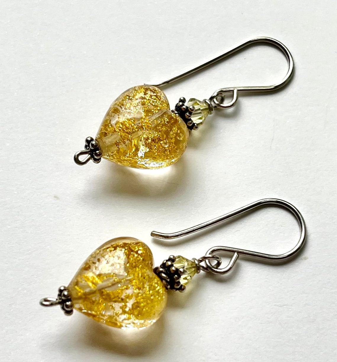 Murano Gold Foil Heart Earrings in Sterling Silver