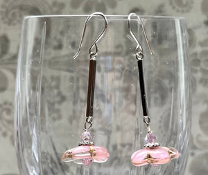 Czech Glass Light Pink Flower Drop Earrings in Sterling Silver