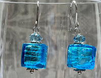 Murano Glass Bright Blue Cube Earrings in Sterling Silver