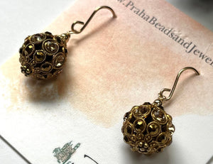 Swarovski Crystal Filigree Encrusted Brown and Gold Earrings in 14K Gold Fill