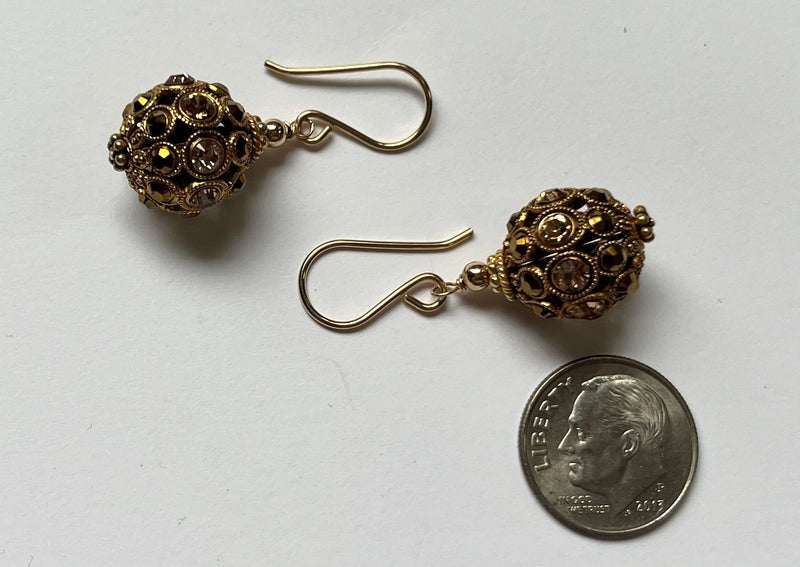 Swarovski Crystal Filigree Encrusted Brown and Gold Earrings in 14K Gold Fill