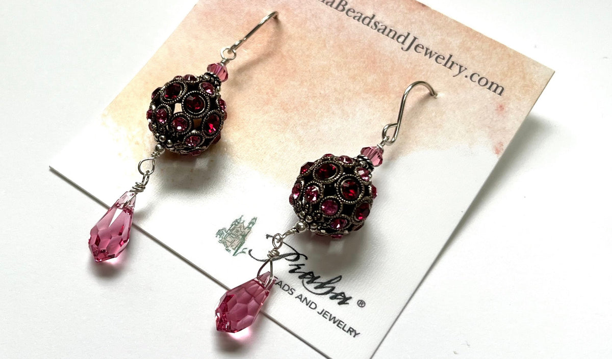 Swarovski Crystal Filigree Encrusted Dark and Light Pink Earrings in Sterling Silver