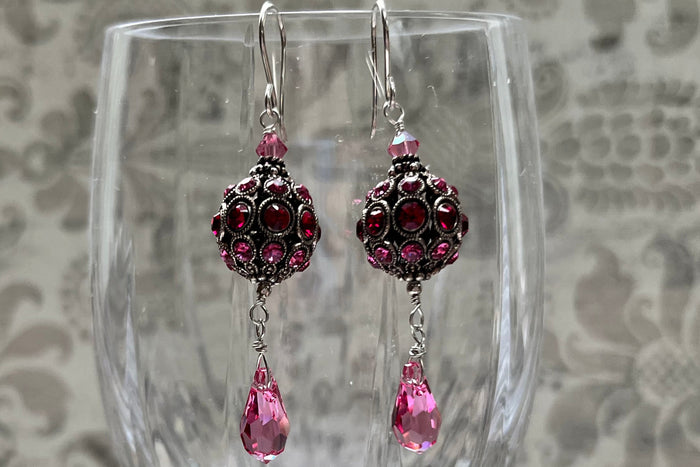 Swarovski Crystal Filigree Encrusted Dark and Light Pink Earrings in Sterling Silver