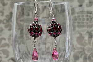 Swarovski Crystal Filigree Encrusted Dark and Light Pink Earrings in Sterling Silver