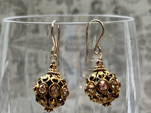 Swarovski Crystal Filigree Encrusted Brown and Gold Earrings in 14K Gold Fill