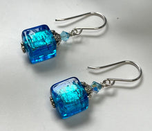 Load image into Gallery viewer, Murano Glass Bright Blue Cube Earrings in Sterling Silver
