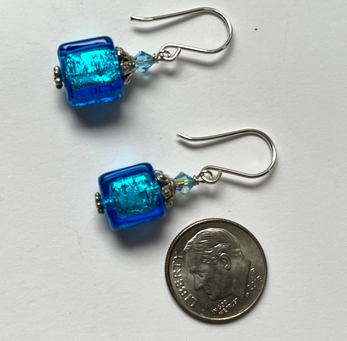 Murano Glass Bright Blue Cube Earrings in Sterling Silver