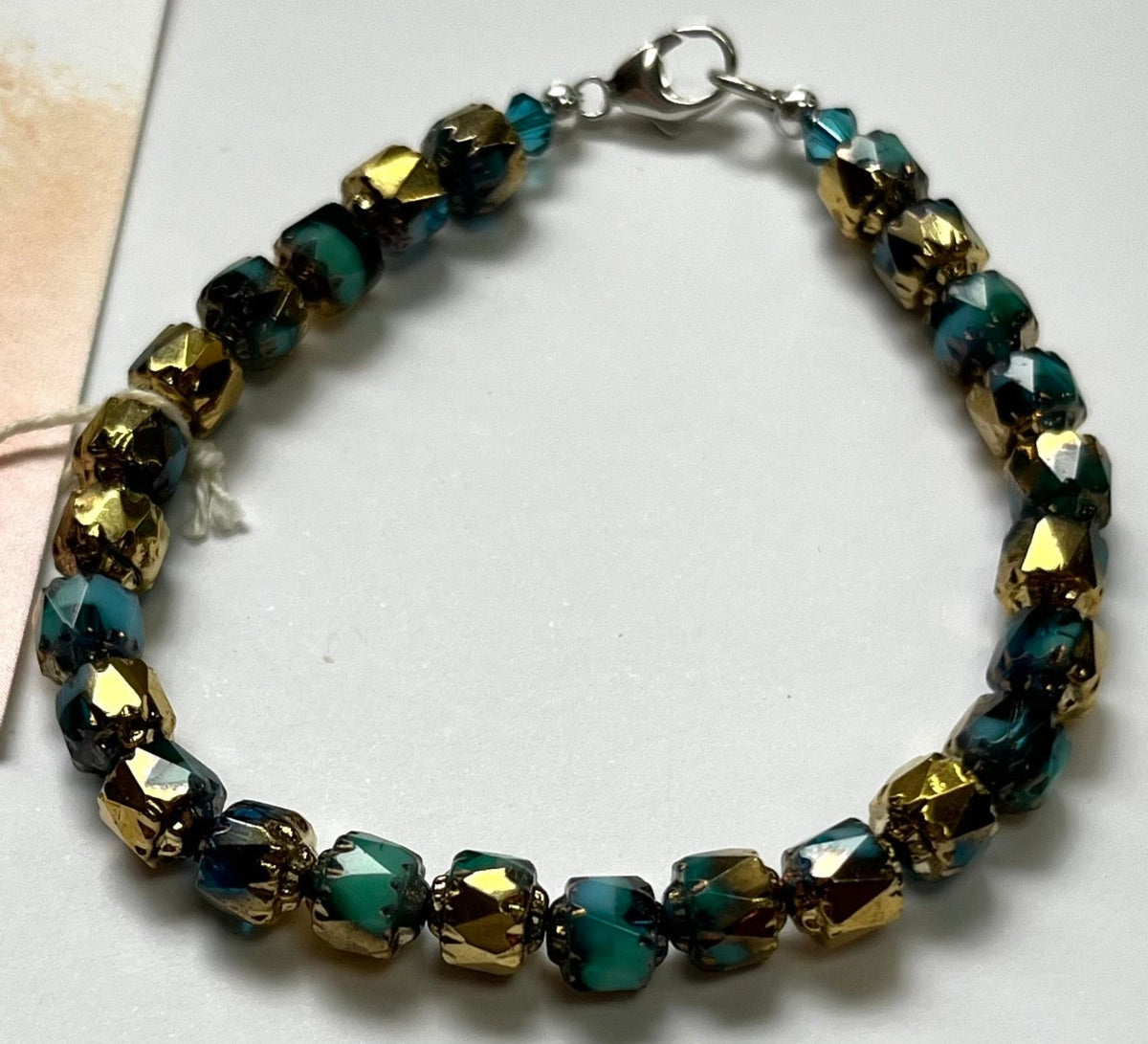 Czech Glass Sky Blue and Gold Cathedral Bracelet in Sterling Silver