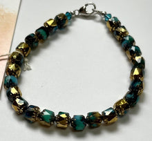 Load image into Gallery viewer, Czech Glass Sky Blue and Gold Cathedral Bracelet in Sterling Silver
