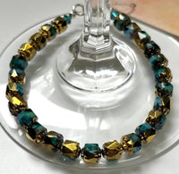 Czech Glass Sky Blue and Gold Cathedral Bracelet in Sterling Silver