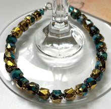 Load image into Gallery viewer, Czech Glass Sky Blue and Gold Cathedral Bracelet in Sterling Silver
