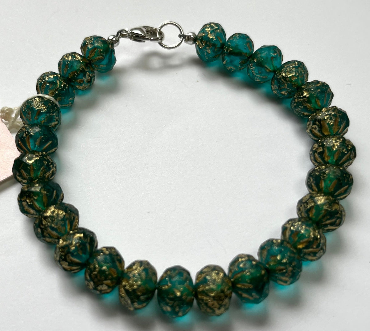 Czech Glass Teal and Gold Bracelet in Sterling Silver