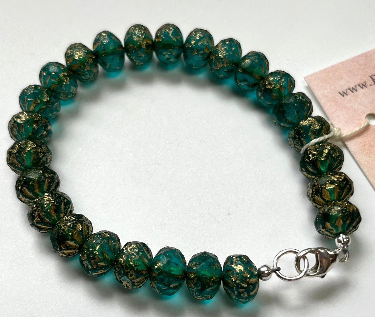 Czech Glass Teal and Gold Bracelet in Sterling Silver