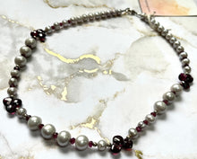 Load image into Gallery viewer, Gray Freshwater Pearl and Garnet Necklace in Sterling Silver
