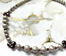 Load image into Gallery viewer, Gray Freshwater Pearl and Garnet Necklace in Sterling Silver
