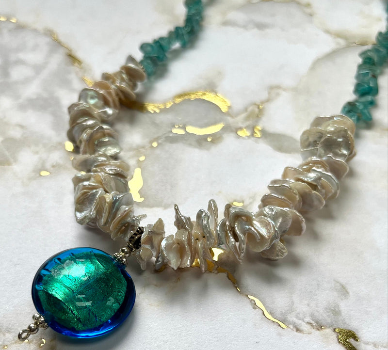 Teal Murano Glass and Pearl Necklace in Sterling Silver