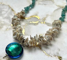 Load image into Gallery viewer, Teal Murano Glass and Pearl Necklace in Sterling Silver
