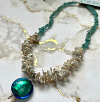 Teal Murano Glass and Pearl Necklace in Sterling Silver