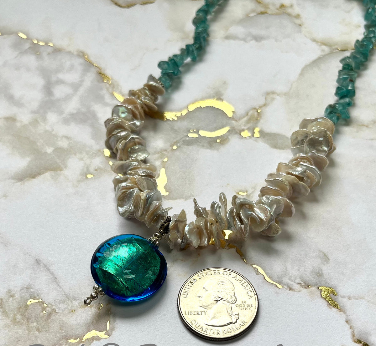 Teal Murano Glass and Pearl Necklace in Sterling Silver