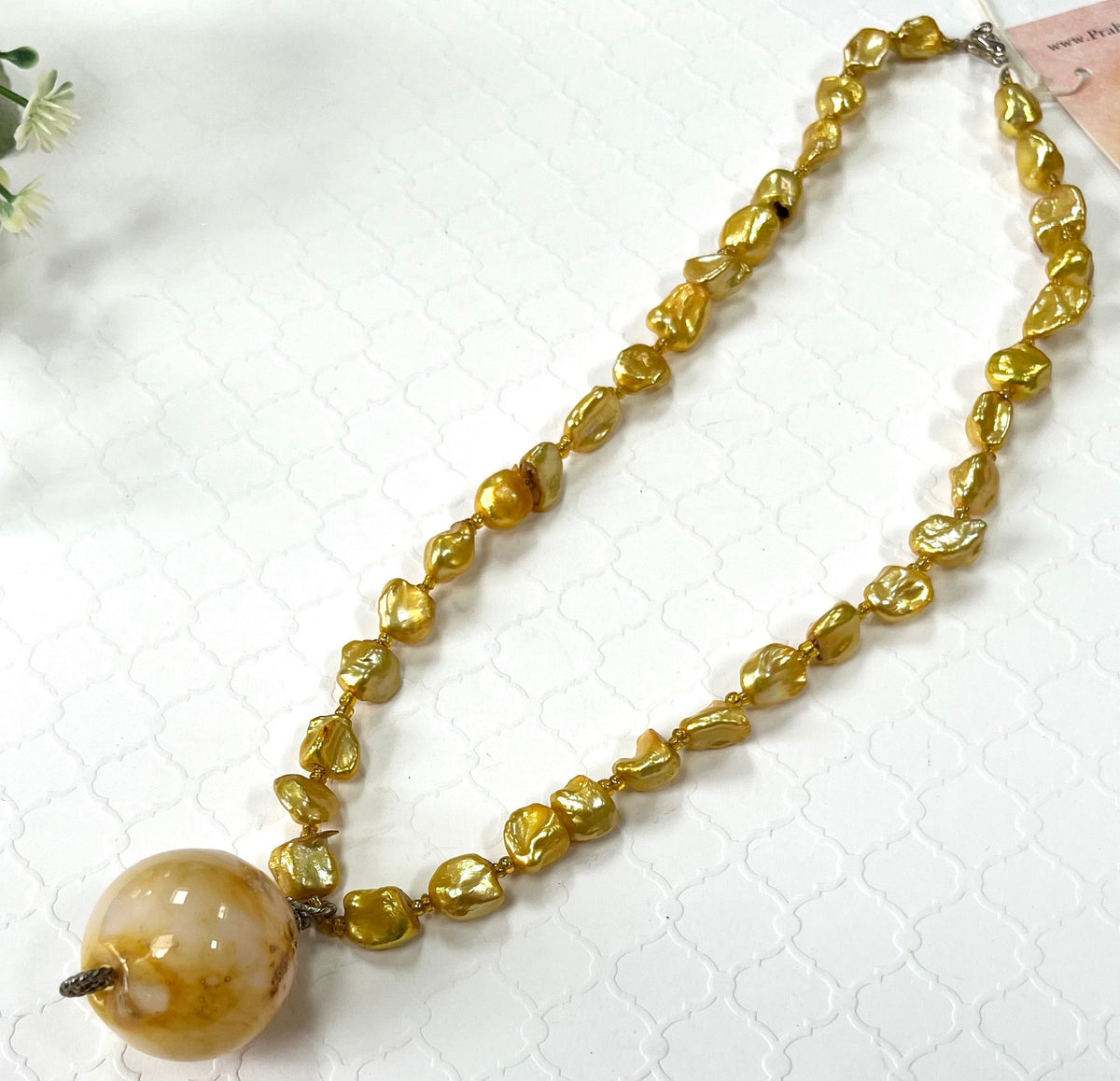 Round Yellow Murano Glass and Pearl Necklace in Sterling Silver