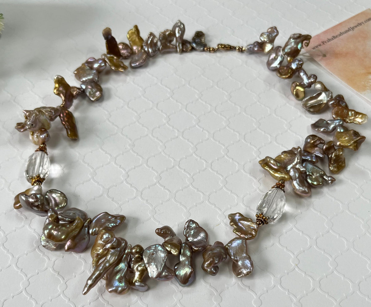 Bronze Baroque Pearl and Crystal Quartz Necklace in 14K Gold Fill