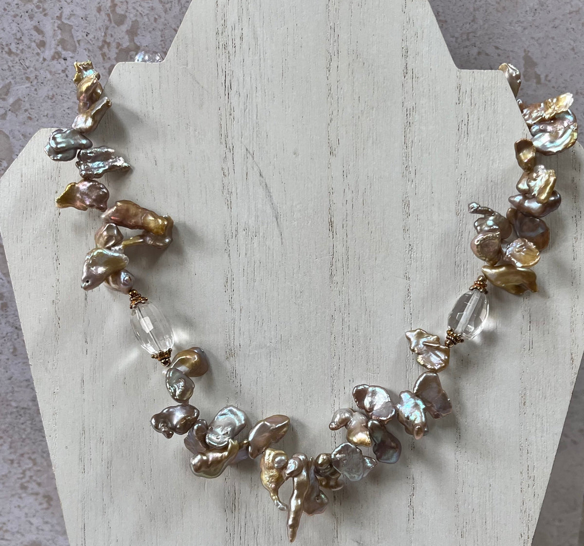 Bronze Baroque Pearl and Crystal Quartz Necklace in 14K Gold Fill