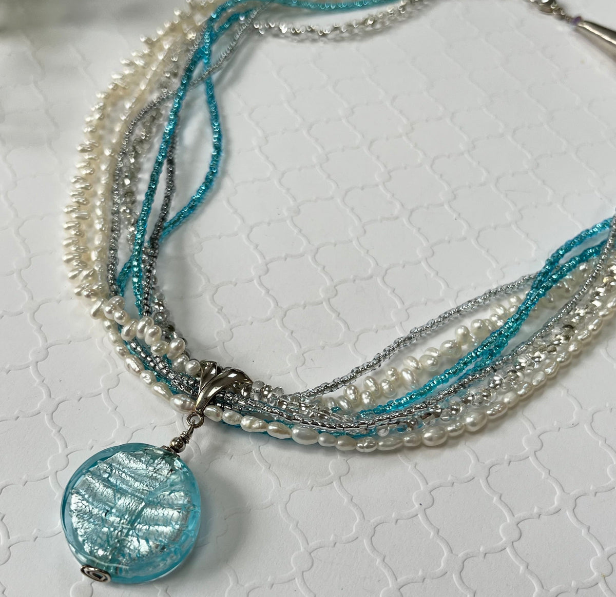 Multi-Strand Caribbean Blue Murano Glass Pendant in Sterling Silver