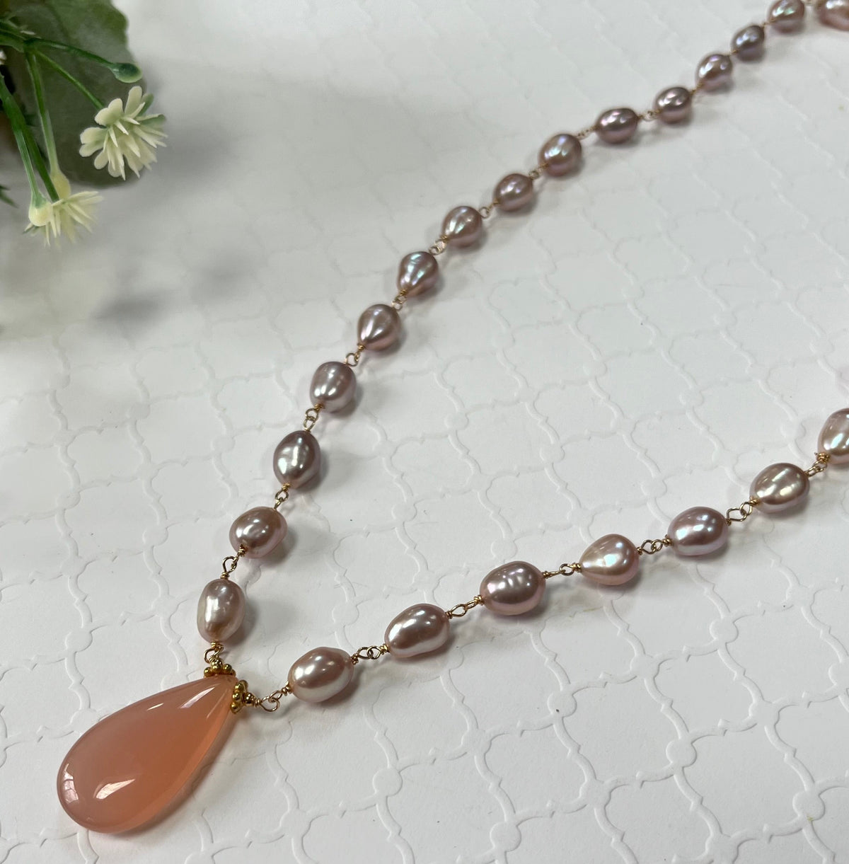 Pink Chalcedony and Mauve Freshwater Pearl Necklace in 14K Gold Fill