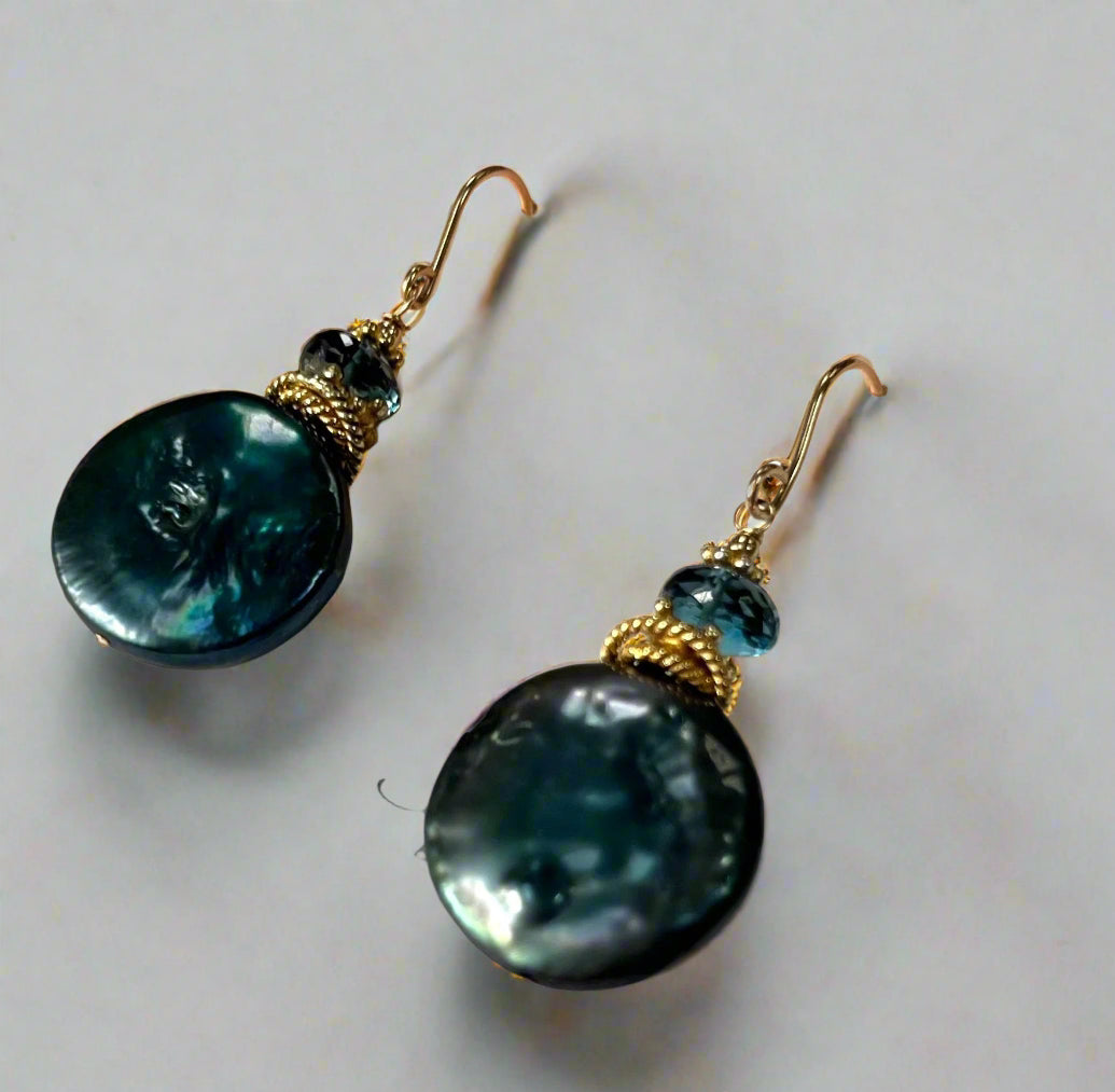 Large Green Coin Pearl and London Blue Topaz Earrings in 14K Gold Fill