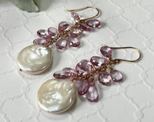 Load image into Gallery viewer, Large White Coin Pearl and Pink Topaz Earrings in 14K Gold Fill
