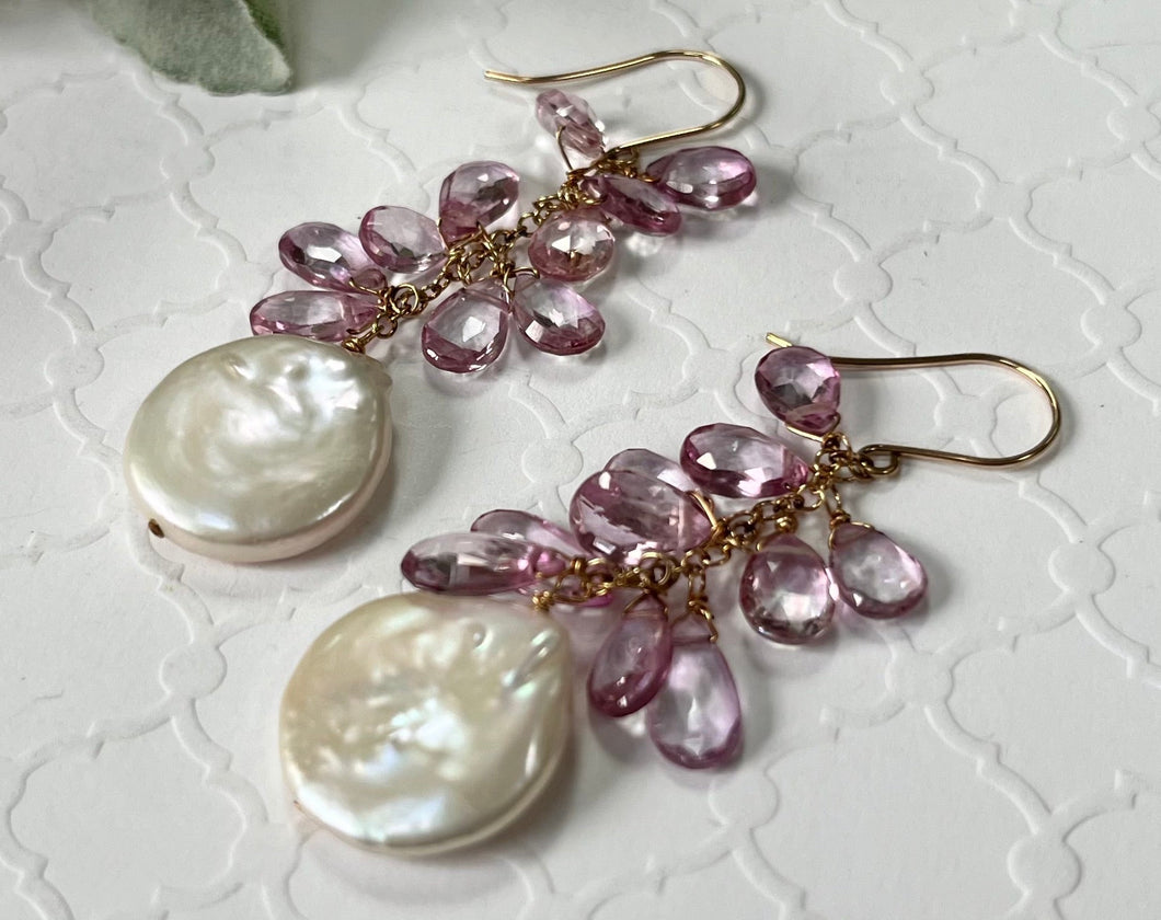 Large White Coin Pearl and Pink Topaz Earrings in 14K Gold Fill