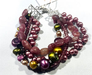 4-Strand Pink Tourmaline and Freshwater Pearl Bracelet in Sterling Silver