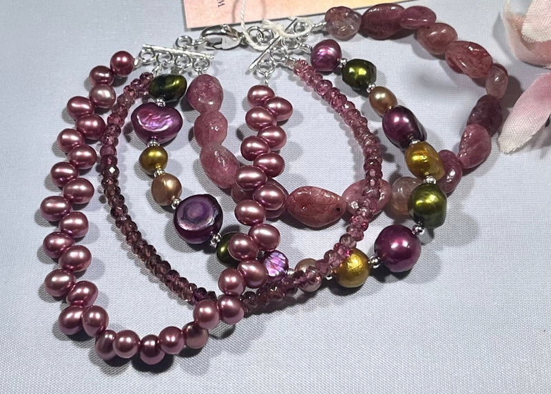 4-Strand Pink Tourmaline and Freshwater Pearl Bracelet in Sterling Silver