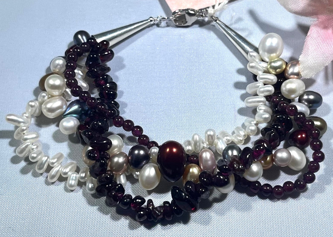 4-Strand Garnet and Freshwater Pearl Bracelet in Sterling Silver