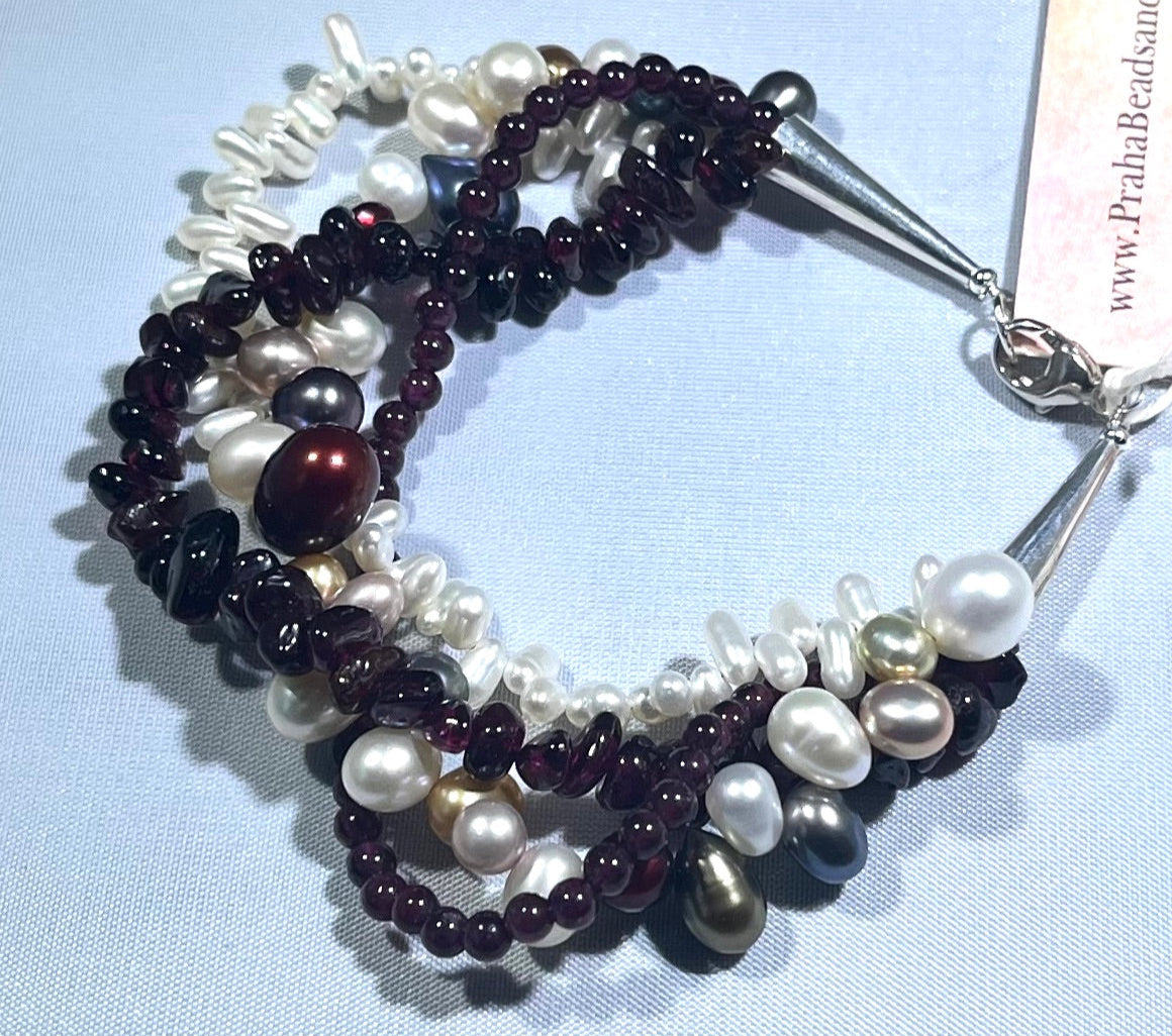 4-Strand Garnet and Freshwater Pearl Bracelet in Sterling Silver