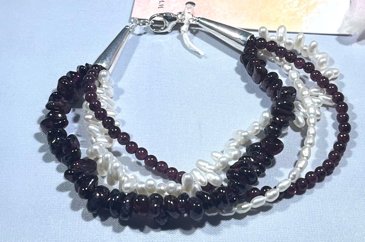 4-Strand Garnet and Freshwater Pearl Bracelet in Sterling Silver